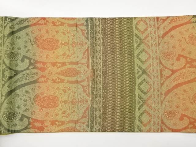  横段に花鳥・幾何学模様織出し袋帯